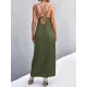 Backless Solid Color Tied A-Line High Waisted Deep V-Neck Slip Dress Midi Dresses