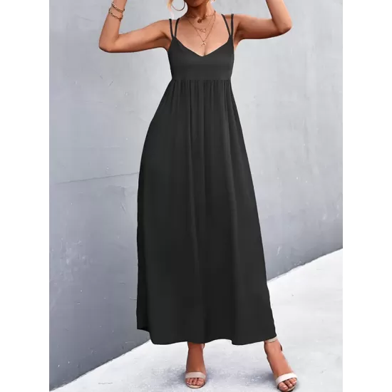 Backless Solid Color Tied A-Line High Waisted Deep V-Neck Slip Dress Midi Dresses