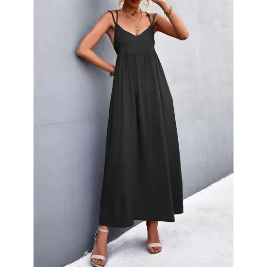 Backless Solid Color Tied A-Line High Waisted Deep V-Neck Slip Dress Midi Dresses