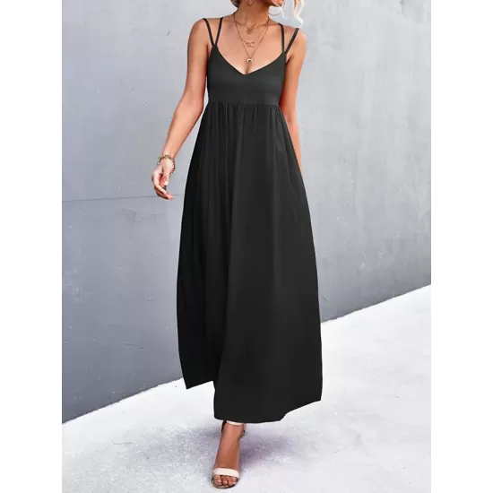 Backless Solid Color Tied A-Line High Waisted Deep V-Neck Slip Dress Midi Dresses