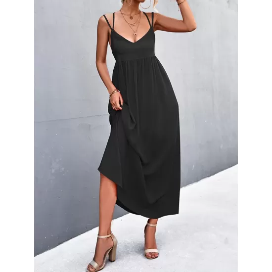 Backless Solid Color Tied A-Line High Waisted Deep V-Neck Slip Dress Midi Dresses