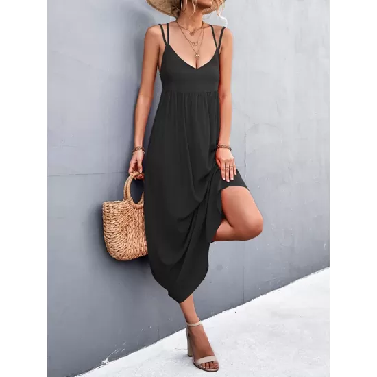 Backless Solid Color Tied A-Line High Waisted Deep V-Neck Slip Dress Midi Dresses