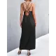 Backless Solid Color Tied A-Line High Waisted Deep V-Neck Slip Dress Midi Dresses