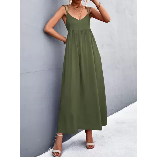 Backless Solid Color Tied A-Line High Waisted Deep V-Neck Slip Dress Midi Dresses