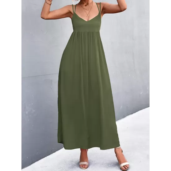 Backless Solid Color Tied A-Line High Waisted Deep V-Neck Slip Dress Midi Dresses