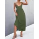 Backless Solid Color Tied A-Line High Waisted Deep V-Neck Slip Dress Midi Dresses