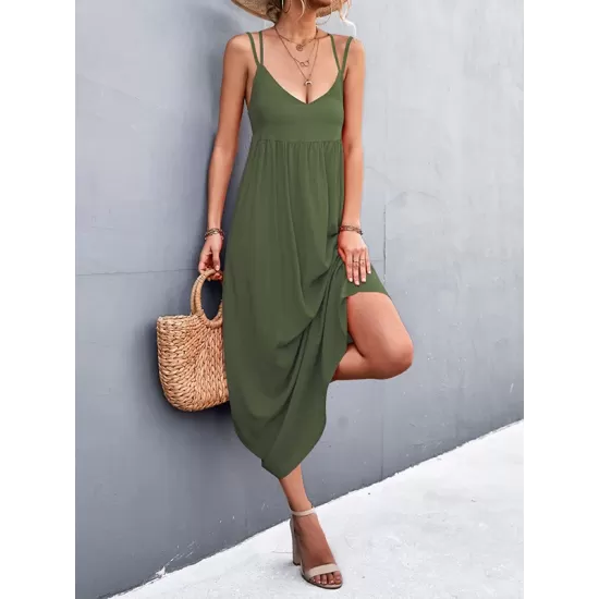 Backless Solid Color Tied A-Line High Waisted Deep V-Neck Slip Dress Midi Dresses