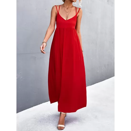 Backless Solid Color Tied A-Line High Waisted Deep V-Neck Slip Dress Midi Dresses