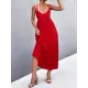 Backless Solid Color Tied A-Line High Waisted Deep V-Neck Slip Dress Midi Dresses