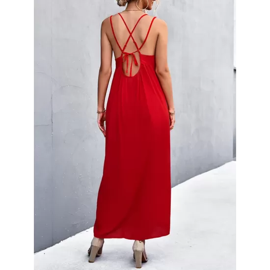 Backless Solid Color Tied A-Line High Waisted Deep V-Neck Slip Dress Midi Dresses