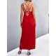 Backless Solid Color Tied A-Line High Waisted Deep V-Neck Slip Dress Midi Dresses