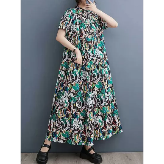 Printed Split-Joint A-Line Loose Stand Collar Midi Dresses