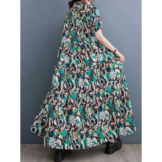 Printed Split-Joint A-Line Loose Stand Collar Midi Dresses