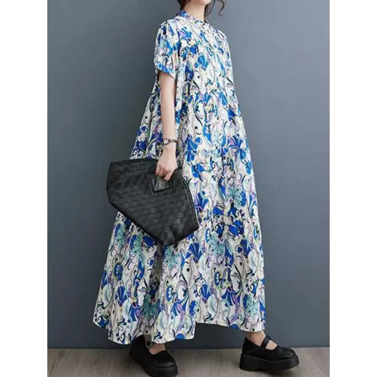 Printed Split-Joint A-Line Loose Stand Collar Midi Dresses