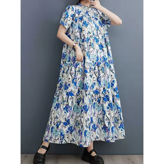 Printed Split-Joint A-Line Loose Stand Collar Midi Dresses