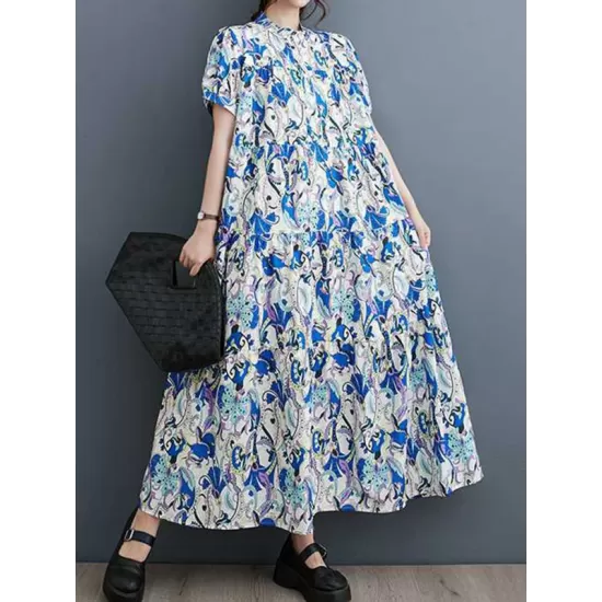 Printed Split-Joint A-Line Loose Stand Collar Midi Dresses