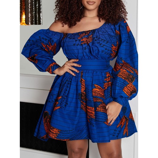 Elasticity Printed Tied Waist High Waisted Loose One-Shoulder Mini Dresses