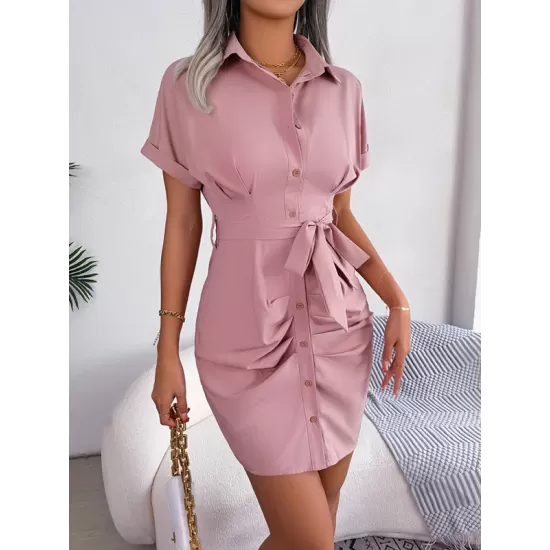 Bandage Pleated Solid Color Short Sleeves Lapel Mini Dresses