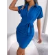 Bandage Pleated Solid Color Short Sleeves Lapel Mini Dresses