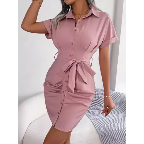 Bandage Pleated Solid Color Short Sleeves Lapel Mini Dresses