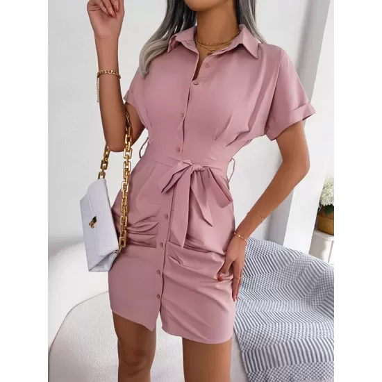 Bandage Pleated Solid Color Short Sleeves Lapel Mini Dresses