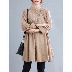 Asymmetric Buttoned Elasticity Pleated Long Sleeves Loose Mini Dresses