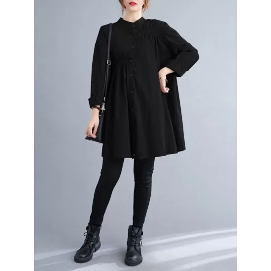 Asymmetric Buttoned Elasticity Pleated Long Sleeves Loose Mini Dresses