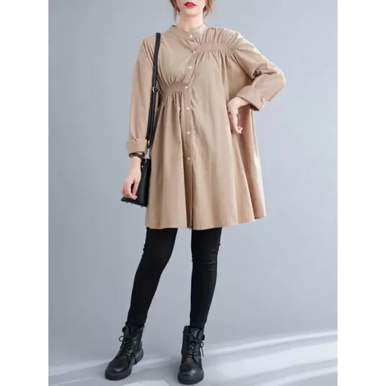 Asymmetric Buttoned Elasticity Pleated Long Sleeves Loose Mini Dresses