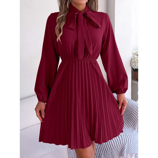 Pleated Solid Color Tied Long Sleeves Loose Mock Neck Mini Dresses