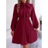 Pleated Solid Color Tied Long Sleeves Loose Mock Neck Mini Dresses