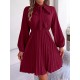 Pleated Solid Color Tied Long Sleeves Loose Mock Neck Mini Dresses