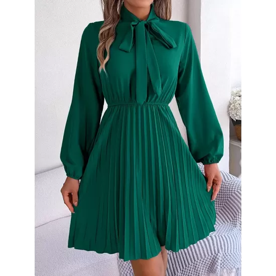 Pleated Solid Color Tied Long Sleeves Loose Mock Neck Mini Dresses