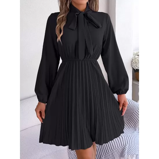 Pleated Solid Color Tied Long Sleeves Loose Mock Neck Mini Dresses