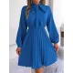 Pleated Solid Color Tied Long Sleeves Loose Mock Neck Mini Dresses