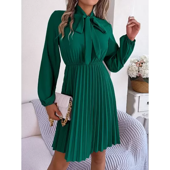 Pleated Solid Color Tied Long Sleeves Loose Mock Neck Mini Dresses