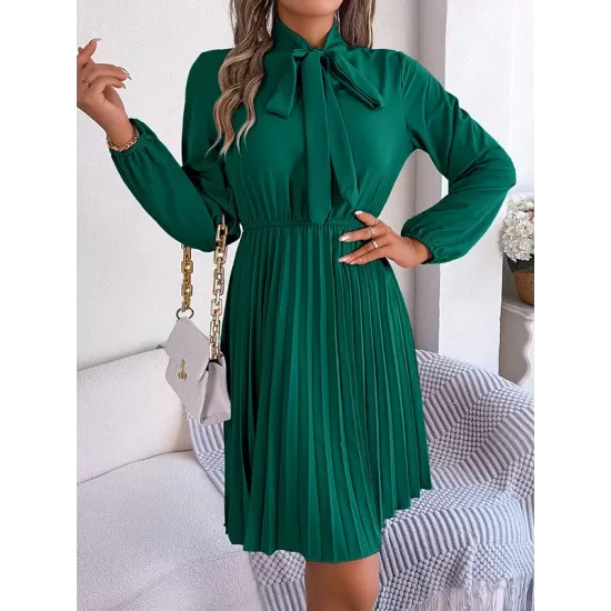 Pleated Solid Color Tied Long Sleeves Loose Mock Neck Mini Dresses