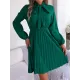 Pleated Solid Color Tied Long Sleeves Loose Mock Neck Mini Dresses