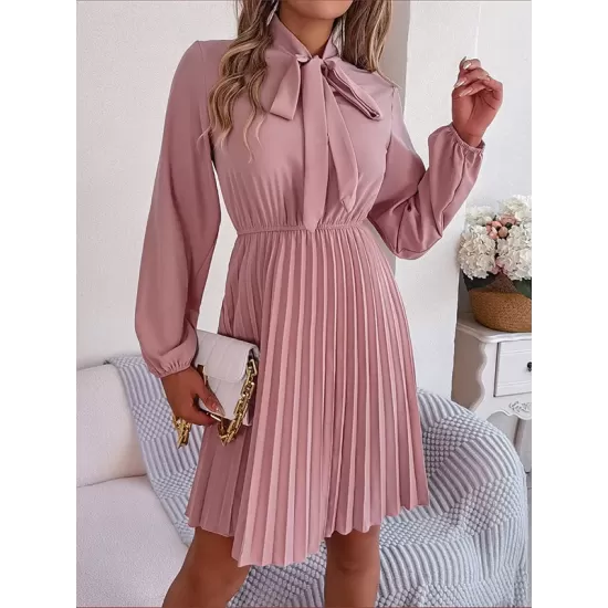 Pleated Solid Color Tied Long Sleeves Loose Mock Neck Mini Dresses