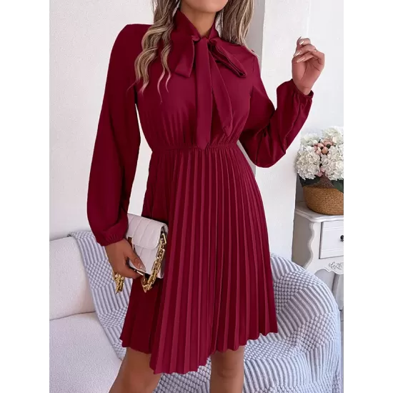 Pleated Solid Color Tied Long Sleeves Loose Mock Neck Mini Dresses