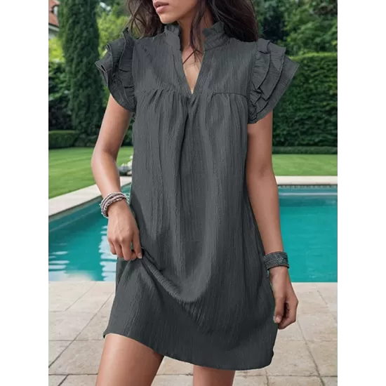 Ruffled Solid Color A-Line Loose Stand Collar Mini Dresses