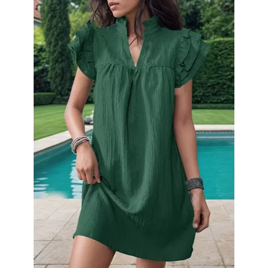 Ruffled Solid Color A-Line Loose Stand Collar Mini Dresses