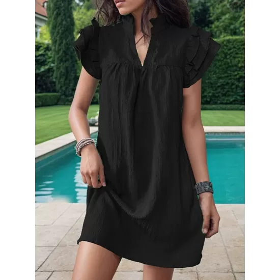 Ruffled Solid Color A-Line Loose Stand Collar Mini Dresses