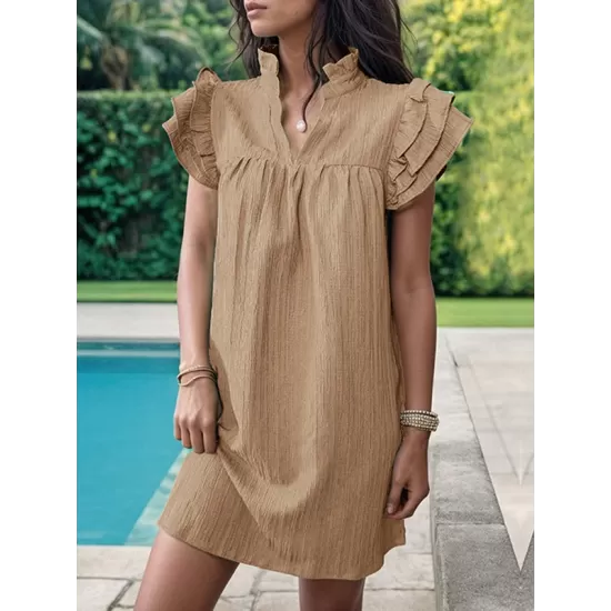 Ruffled Solid Color A-Line Loose Stand Collar Mini Dresses