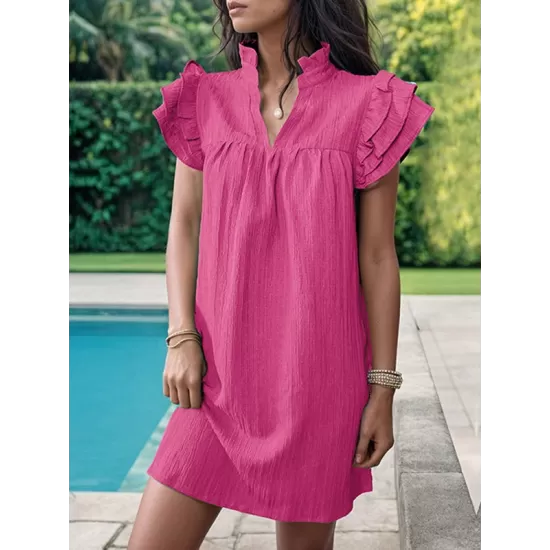 Ruffled Solid Color A-Line Loose Stand Collar Mini Dresses