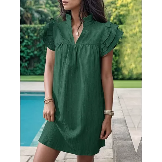 Ruffled Solid Color A-Line Loose Stand Collar Mini Dresses