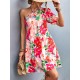 Flower Print Split-Joint A-Line Bishop Sleeve One-Shoulder Mini Dresses