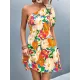 Flower Print Split-Joint A-Line Bishop Sleeve One-Shoulder Mini Dresses