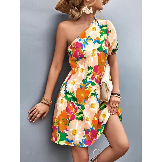 Flower Print Split-Joint A-Line Bishop Sleeve One-Shoulder Mini Dresses