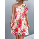 Flower Print Split-Joint A-Line Bishop Sleeve One-Shoulder Mini Dresses