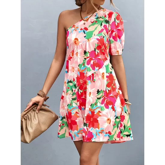 Flower Print Split-Joint A-Line Bishop Sleeve One-Shoulder Mini Dresses